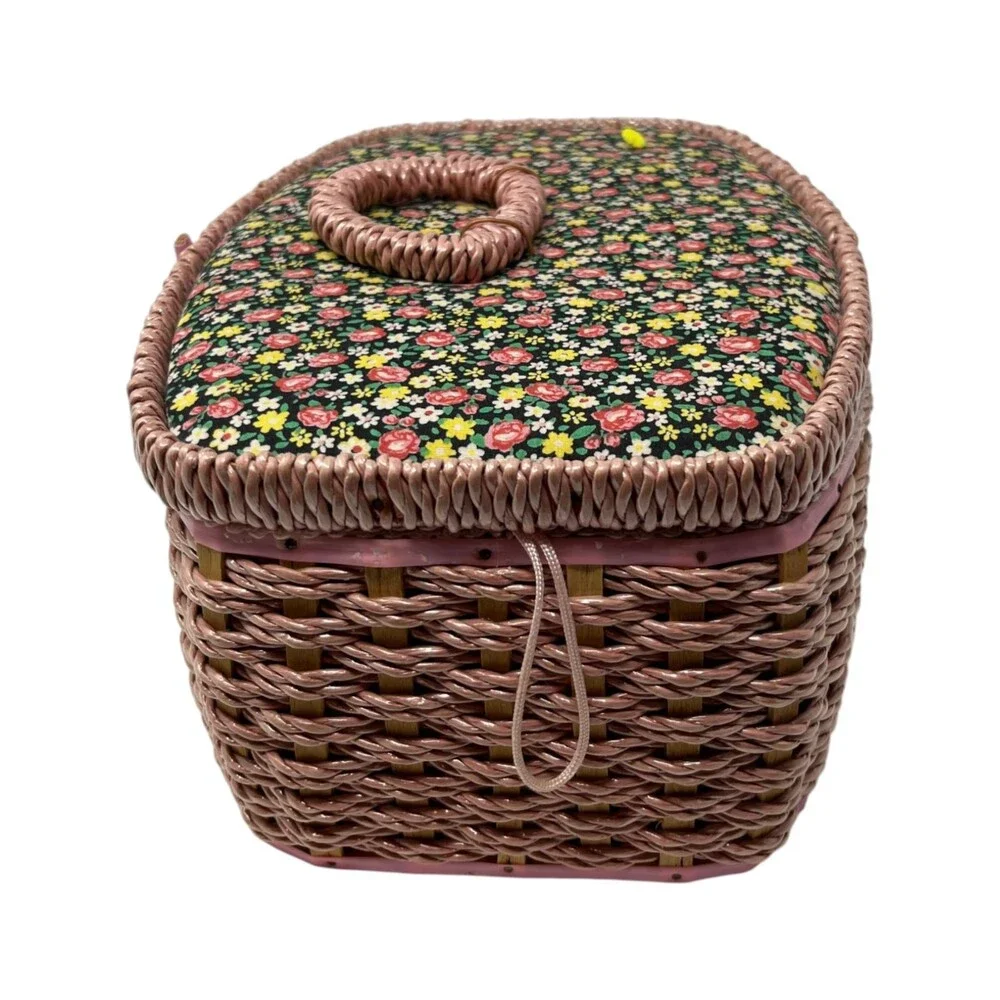 Singer Sewing Basket Floral Pink Wicker Storage Organizer Vintage Cottagecore